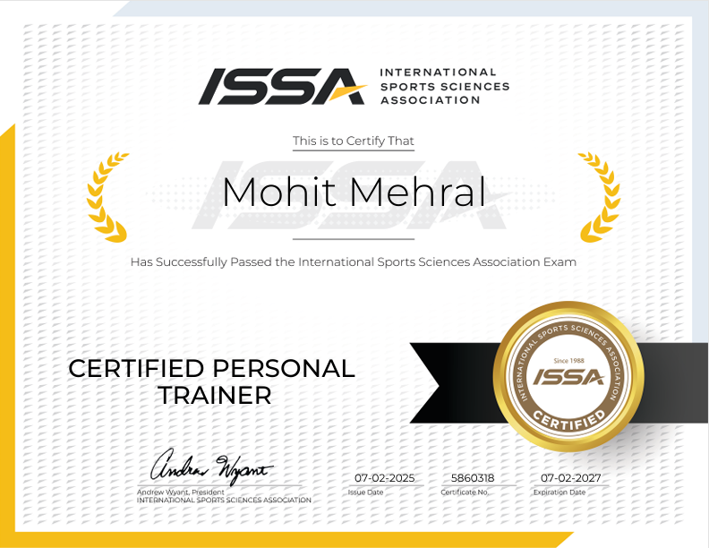 Certified Personal Trainer certificate awarded to GetFittWithMohit