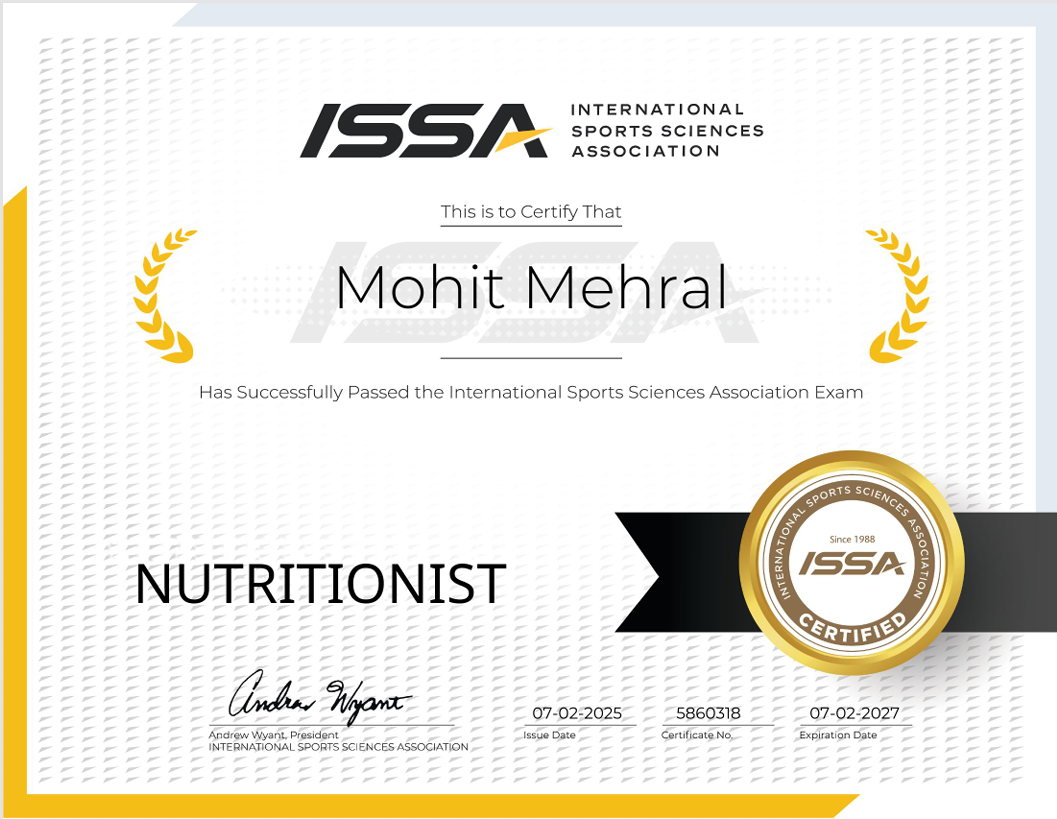 Certified Nutritionist certificate awarded to GetFittWithMohit